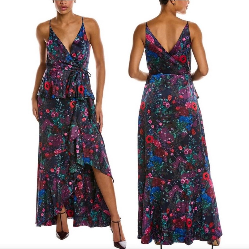 Anthropologie Floral Wrap Maxi Dress in Black with Red, Blue, and Pink Accents